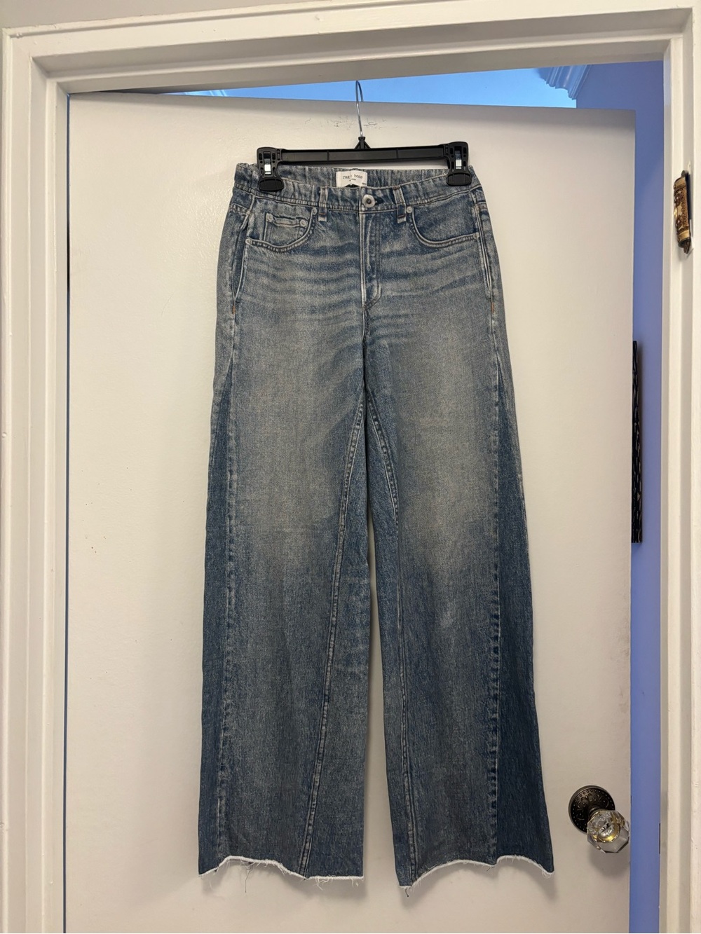 Rag & Bone Women's Wide Leg Raw Hem sweatpants Jeans - Light Blue colorblock